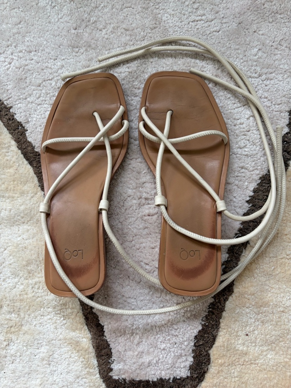 LOQ Tan Leather Slide Sandals with Cream Wrap Straps